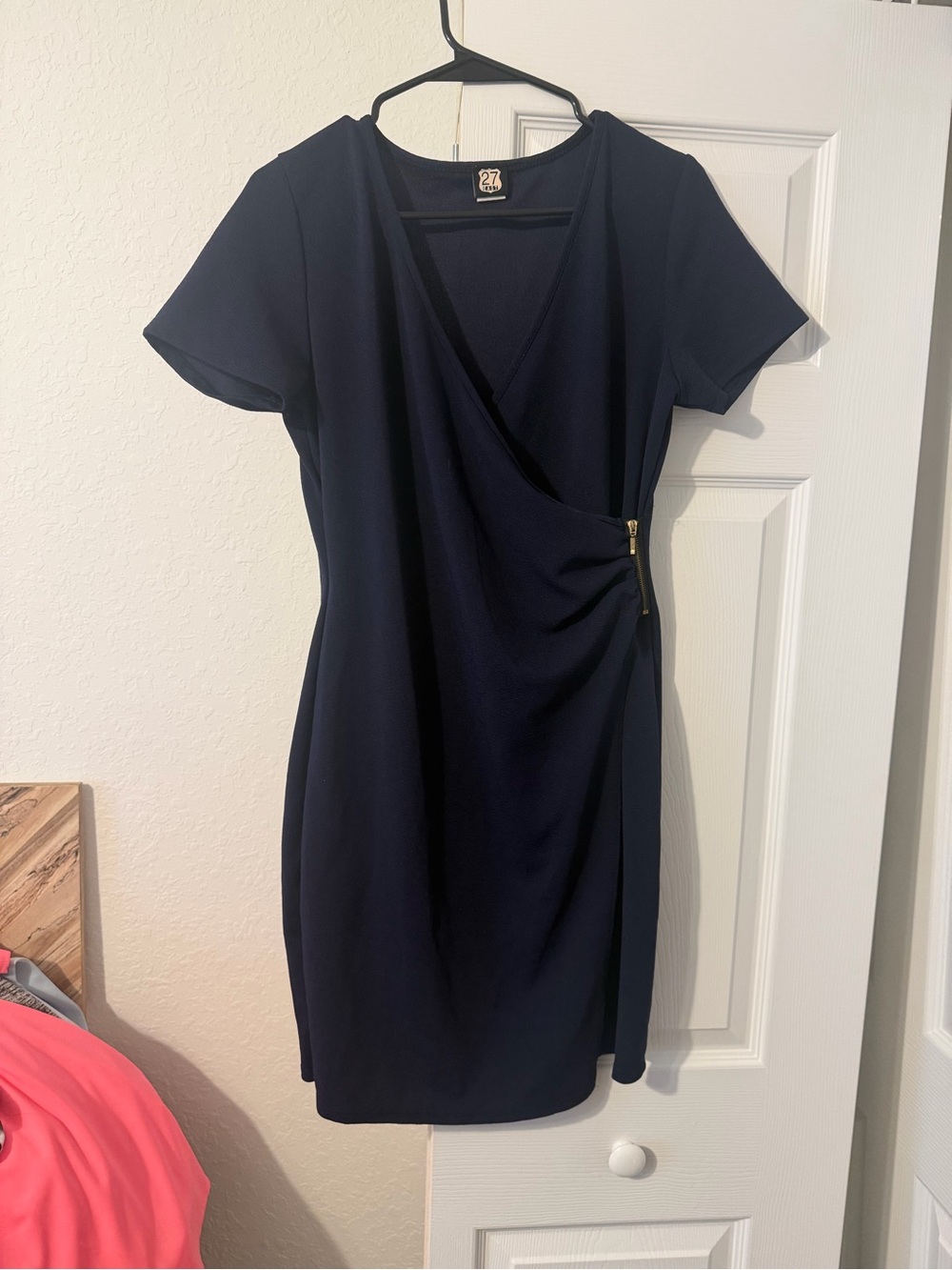Women's Navy Faux-Wrap Midi Dress with Side Zip